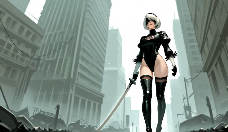 Nier Automata's 2B wearing a black and white leotard, and black latex high boots walking towards you through a city in the middle of a storm.