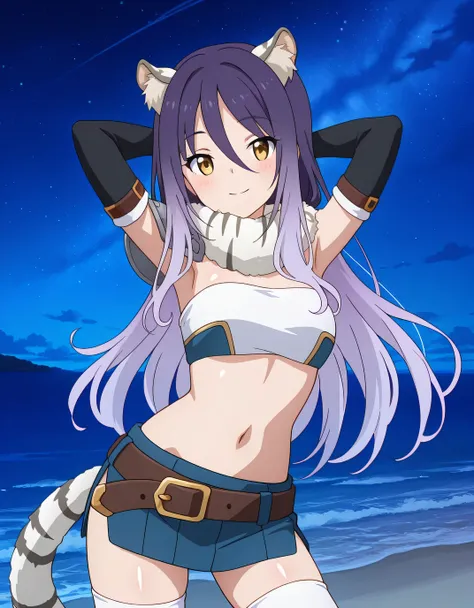shiori, game screencap, long hair, hair between eyes, multicolored hair, purple hair, light purple hair, yellow eyes, tiger ears, tiger tail
scarf, tube top, single shoulder pad, fur trim, midriff, elbow gloves, fingerless gloves, brown belt, blue skirt, w...