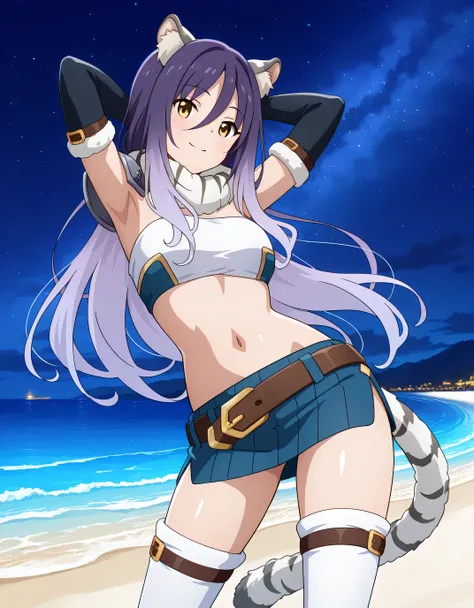 shiori, game screencap, long hair, hair between eyes, multicolored hair, purple hair, light purple hair, yellow eyes, tiger ears, tiger tail
scarf, tube top, single shoulder pad, fur trim, midriff, elbow gloves, fingerless gloves, brown belt, blue skirt, w...