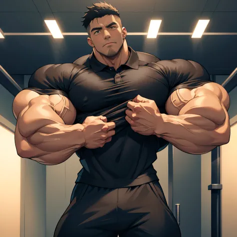 Ultra High Quality,ambient light,anime style boy,tight and handsome face,Strong gym trainer with unusually huge muscles developed beyond human limits,scared,,black loose fit cotton polo shirt with ID hanging,black sweatpants,Intimidate