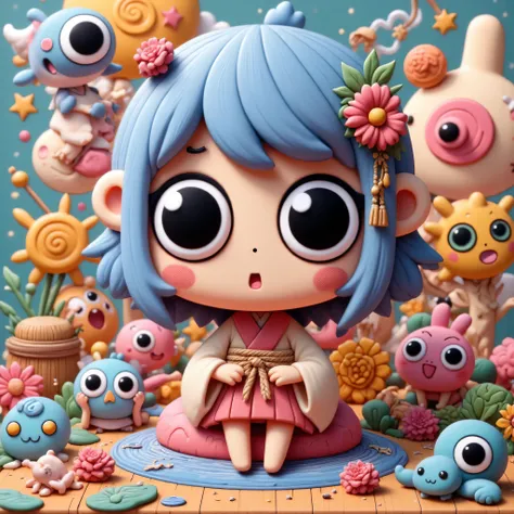 a highly detailed 4d clay model of a cute girl, solo, vibrant colorful gradients, anatomically correct, surreal and absurd aesthetics, cinema4d rendering, vivid colors, cute chibi style, polycarbonate, realistic 3d form, best quality, 4k, 8k, highres, mast...