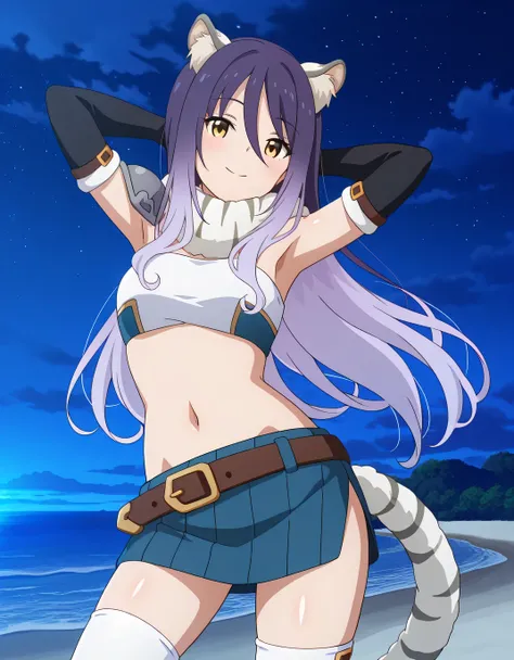 shiori, game screencap, long hair, hair between eyes, multicolored hair, purple hair, light purple hair, yellow eyes, tiger ears, tiger tail
scarf, tube top, single shoulder pad, fur trim, midriff, elbow gloves, fingerless gloves, brown belt, blue skirt, w...