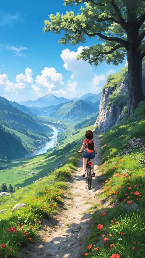 A rides a bike on a steep curved path,(((The camera is fixed behind the girl,On her right is a steep cliff,Beneath the cliff is a clear river,There's a big tree on the left,Pathside full of flowers,There is a continuous mountain range in the distance,Clea...