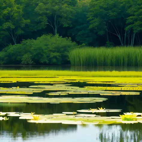 A tranquil wetland scene unfolds, where the still water reflects the soft blue light of dawn, creating a serene atmosphere. Lush green lily pads cover much of the surface, interspersed with delicate white blooms reaching toward the sky. Towering, slender t...