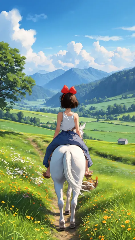 A rides a horse on the prairie,(((The camera is fixed behind the girl,On her right is a steep cliff,Beneath the cliff is a clear river,There's a big tree on the left,Pathside full of flowers,There is a continuous mountain range in the distance,Clear blue ...