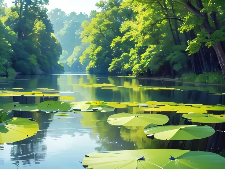 A tranquil wetland scene unfolds, where the still water reflects the soft blue light of dawn, creating a serene atmosphere. Lush green lily pads cover much of the surface, interspersed with delicate white blooms reaching toward the sky. Towering, slender t...