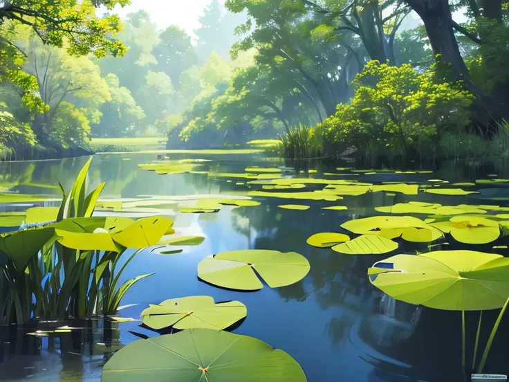 A tranquil wetland scene unfolds, where the still water reflects the soft blue light of dawn, creating a serene atmosphere. Lush green lily pads cover much of the surface, interspersed with delicate white blooms reaching toward the sky. Towering, slender t...