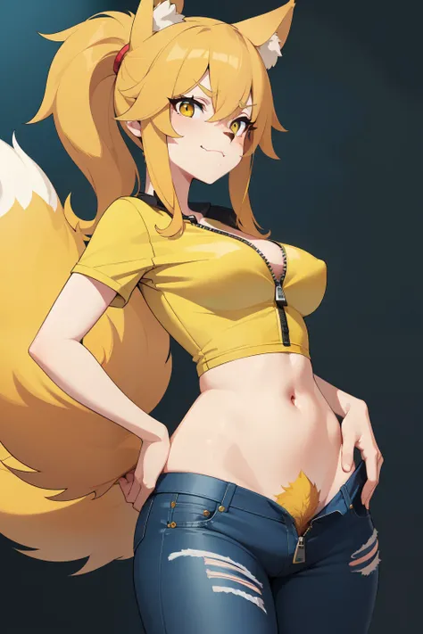 ((best quality)), ((masterpiece)), (detailed), 1Girl, Nicole Aniston, wolf girl, ((unzipped jeans)), ((cartoon bushy yellow pubic hair)) white T-shirt, (front facing), hand on hip. Wolf ears, bushy tail, furry. Crisp cell shaded solid colors thick dark lin...