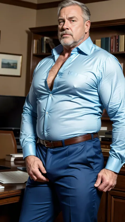 (best quality,4k,8k,highres,masterpiece:1.2), age 60, white man detective , horny disgusting, muscular chubby, kind, open blue shirt , mature daddy, Dress Pants with big hard bulge, hairy chest hard nipple, belt, loafer, in his Luxury Office