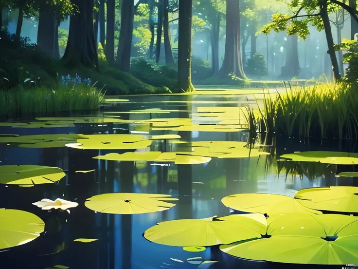 A tranquil wetland scene unfolds, where the still water reflects the soft blue light of dawn, creating a serene atmosphere. Lush green lily pads cover much of the surface, interspersed with delicate white blooms reaching toward the sky. Towering, slender t...