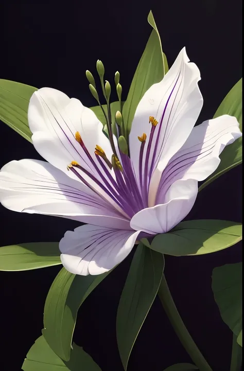 A vibrant display of lilies bursts against a deep black background, showcasing their ethereal beauty. The flowers flaunt an array of luminescent hues—shimmering purples, soft pinks, and hints of electric greens—that illuminate their delicate petals and cre...