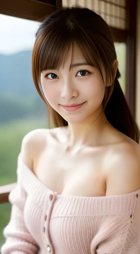 masterpiece,best quality,(Japanese girl),((Beautiful girl)),cleavage,(off shoulder:1.2),(perfect body beauty:1.2),(shy smile),From slightly above