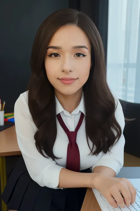 masterpiece, best quality, Poki_Mane woman, wearing a school uniform, sexy, leaning on a desk, extremely detailed, intricate detail, fine detail, careful detail, up close portrait, masterpiece, best quality, ultra-detailed  