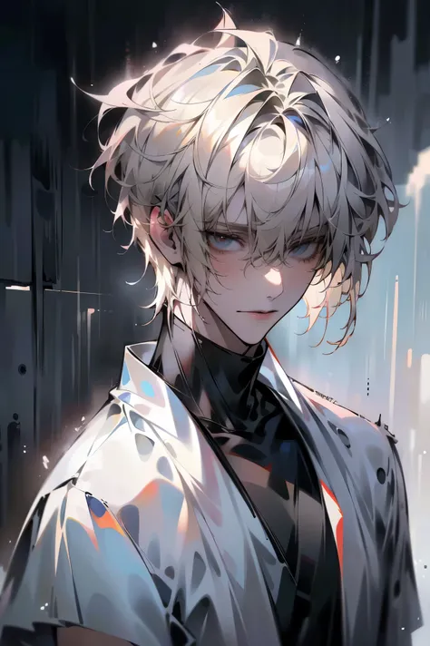 Impasto, white Blonde hair, short hair, masterpiece, best quality, 1 man , bangs, perfect face , black eye , handsome male , alone, pale skin , Adult male , delicate line drawing,Extremely detailed , ((black turtleneck)), (black kimono with longitudinal st...