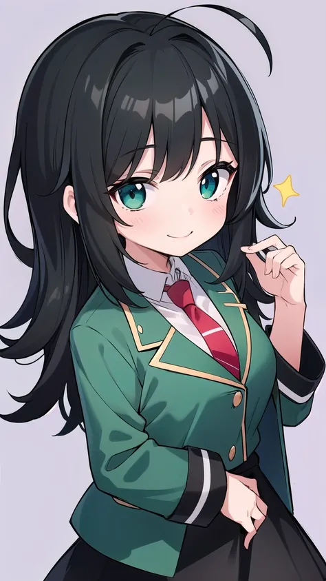 Junior high school student who looks like an elementary school student, ,(loli:1.3) ,, very short, 140 cm tall, black hair with a slight green tinge, short ahoge, beautiful long hair but with a little hair sticking out, beautiful round eyes, blue eyes, smi...