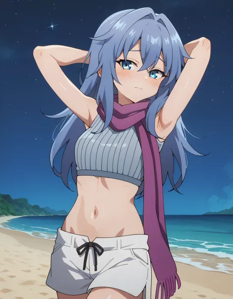 Hagi, blue eyes, blue hair, long hair, crop top, sleeveless, purple scarf, shorts, anime screencap, shiny skin, high quality, solo, looking at viewer, cowboy shot, (contrapposto), hands behind head, looking at viewer, closed mouth, night sky, beach, lookin...