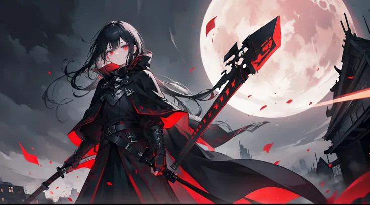 dark atmosphere、The visuals make you feel the theme of revenge。under a cold night sky、in the blood red moon floats、the main character is standing。his expression is cold、His eyes are deep and sharp、I feel a faint shadow of betrayal behind。his black cloak is...