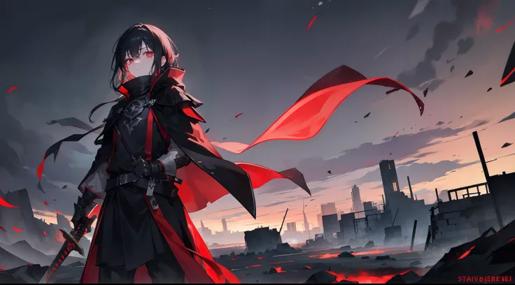 dark atmosphere、The visuals make you feel the theme of revenge。under a cold night sky、in the blood red moon floats、the main character is standing。his expression is cold、His eyes are deep and sharp、I feel a faint shadow of betrayal behind。his black cloak is...