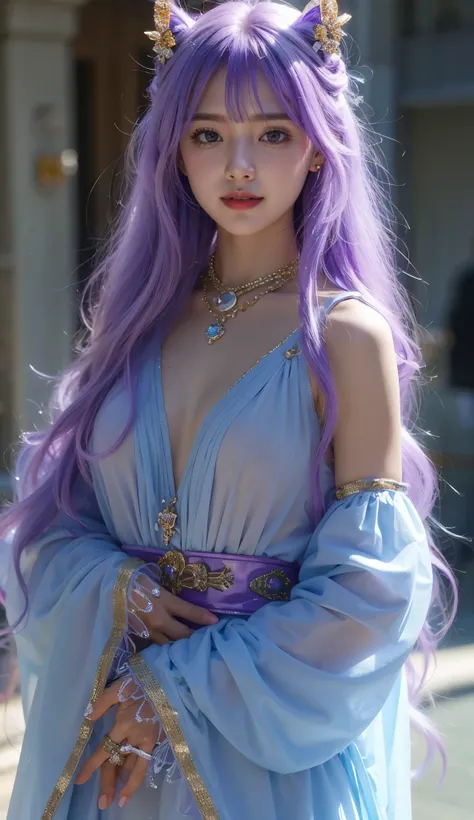 ( cute smile )clear coat.dq pom ,purple hair, earrings.、 of , 前hair , Little head on the street :1.3 Ultra Realistic :1.2 , masterpiece, of , more details, has realistic lighting .A Broader Perspective ...