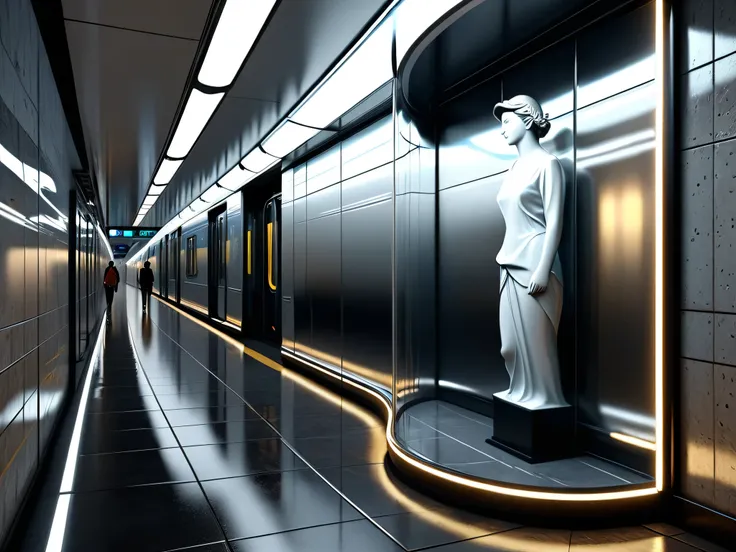 Please generate ultra-high-precision architectural visualization effect picture，The specific requirements are as follows：1，spatial positioning：happening on the wall on the inside side of the subway transfer channel，The picture shows the wall on one side of...