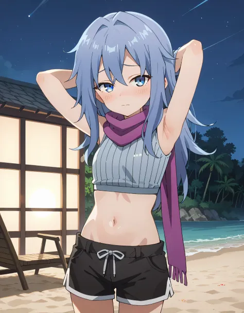 Hagi, blue eyes, blue hair, long hair, crop top, sleeveless, purple scarf, shorts, anime screencap, shiny skin, high quality, solo, looking at viewer, cowboy shot, (contrapposto), hands behind head, looking at viewer, closed mouth, night sky, beach, lookin...