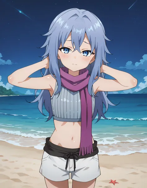 Hagi, blue eyes, blue hair, long hair, crop top, sleeveless, purple scarf, shorts, anime screencap, shiny skin, high quality, solo, looking at viewer, cowboy shot, (contrapposto), hands behind head, looking at viewer, closed mouth, night sky, beach, lookin...