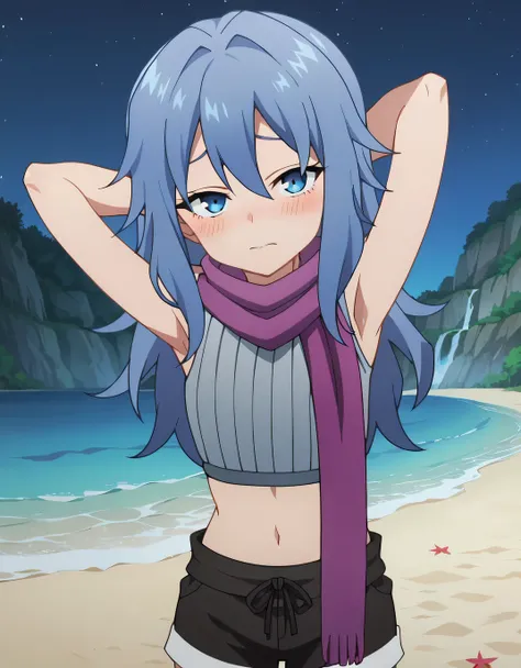 Hagi, blue eyes, blue hair, long hair, crop top, sleeveless, purple scarf, shorts, anime screencap, shiny skin, high quality, solo, looking at viewer, cowboy shot, (contrapposto), hands behind head, looking at viewer, closed mouth, night sky, beach, lookin...