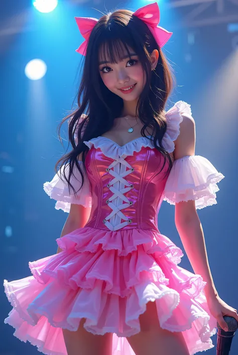 Create a highly detailed, realistic image of a young woman with long, dark hair styled with two small pink bows on either side. She is wearing a vibrant and transparent shinning glossy pink short dress that has a layered, frilly design with white ruffled e...