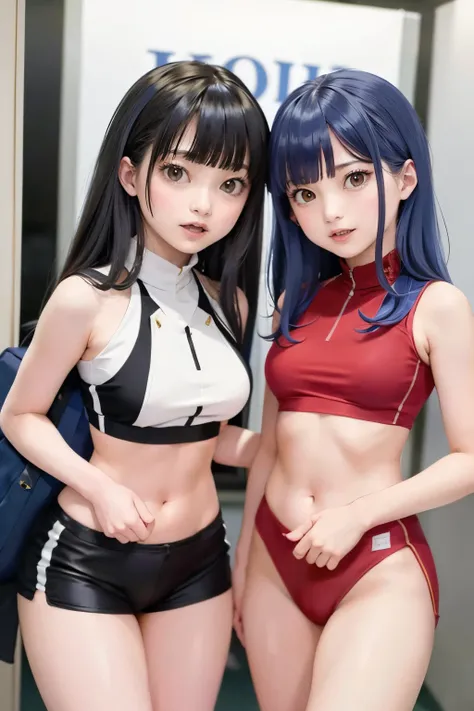 locker room,Fitted tracksuit、Move、 Two elementary school students、(Thin:1.5),( Big Breasts),(    black hair、long hair),( Best quality image taken by Ki,(8k),  super real , 最 high quality ,  high quality ,   high resolution,  high quality なテクスチャ,  High Deta...