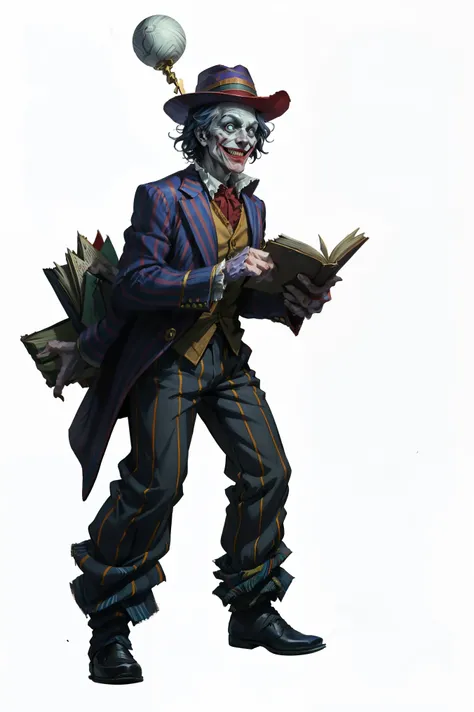   I want a character with a white background, png, full body image,a court fool , Joker, With murderous posture, Wearing a red court fool's hat, colorful striped clothes filled with rags, balancing books and juggling,  All at the same time , lifting object...