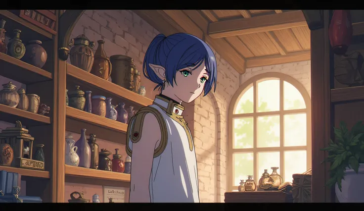 anime style man with white tank top, dark blue hair, blue eyes, in a magic shop, looking at items, day ilumination