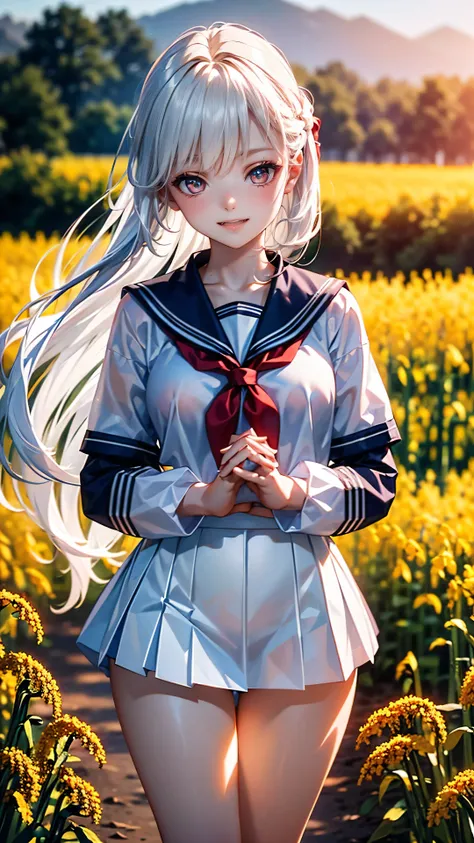 Highest quality, 8K, Highest quality, ((High school girl with crimson eyes)), ((Crimson Eyes)), ((Sparkling and delicate eyes)), ((Very precise eyes)), (Long hair that is a mix of platinum and purple)), Princess cut, ((Translucent white skin)), Glossy skin...
