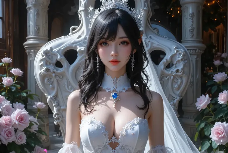  best quality , Super quality, 16k,  Unbelievably Absurd,  very detailed,  lovely photo,  delicate and dynamic,  Kiri Reina female,  seductive smile,  pure white wedding dress ,  great style , bouquet,  steampunk,  DIESEL PUNK ,  clock punk ,  cyberpunk, G...