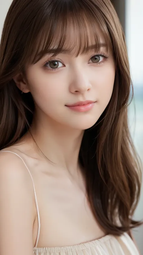 one 19 year old girl, (beige dress), Raw photo, highest quality, photorealistic, very delicate and beautiful, very detailed, 8K wallpaper, High resolution, soft light, very detailed目と顔, beautifully detailed nose, detailed and beautiful eyes, cinematic ligh...