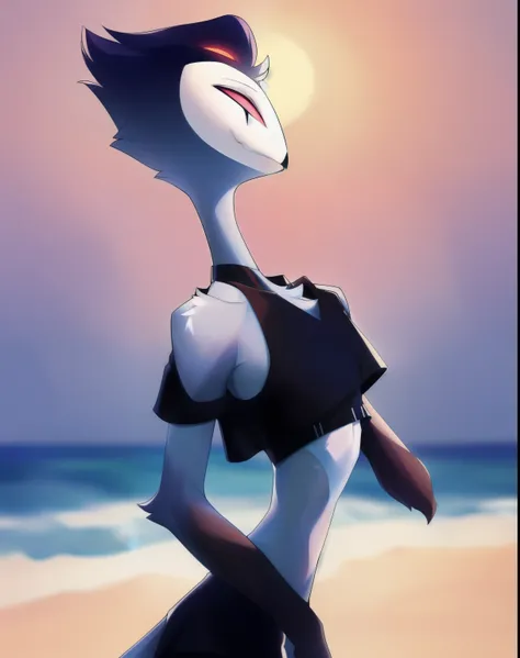 (by place:1.2),by kiyosan,by sigma,((masterpiece)), (( 8K quality)), (no watermark), ((Stolas:1.0)), ((perfect anatomy:0,5)), male, sexy pose, mouth shut, ((beach background dress)), sunset,  of foot, chest forward, shorts, another hand at his side, (Alone...