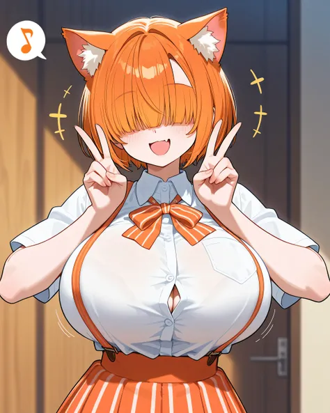 Look at a super pretty woman , short hair color naranja,  short hair, short hair ,Smiles, smile with a fang anime,  long cat ears , big breasts , top that covers the breasts above showing the lower part of the breasts, large bangs that completely cover the...