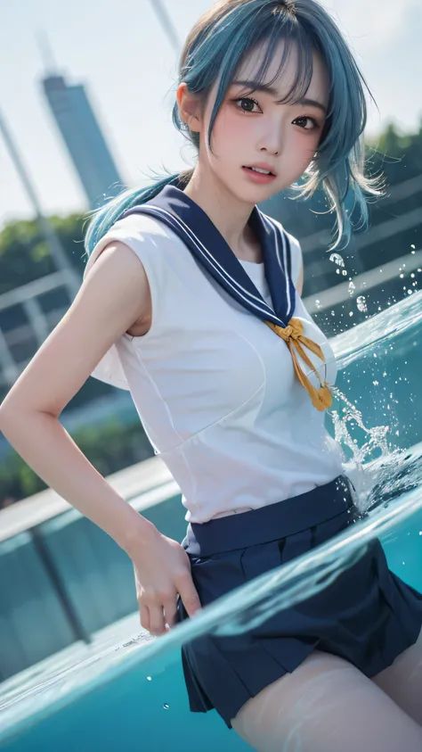 ( partially submerged :1)、(Taken at an angle from below:2)、(looks at the camera:1),1 girl,(A slightly blushing face that looks embarrassed, ponytail hair, beautiful shiny light blue hair :1.6),silver mesh,(beautiful legs:1),(赤いsailor suit:2),(navy blue ski...
