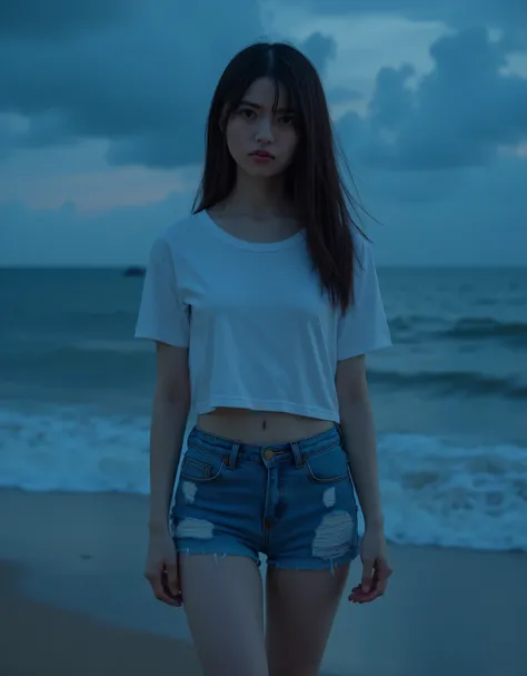 ((Floating Island at Midnight, Top Quality, 8k, Masterpiece: 1.3)), Full Body, Long Legs, Sharp Concentration: 1.2, Beautiful Woman with Perfect Figure: 1.4, Slim Abs: 1.1, ((Dark Brown Hair, Big Breasts: 1.2))), (White Tight T-Shirt, Distressed Micro Mini...