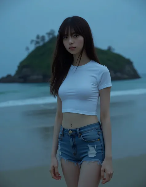 ((Floating Island at Midnight, Top Quality, 8k, Masterpiece: 1.3)), Full Body, Long Legs, Sharp Concentration: 1.2, Beautiful Woman with Perfect Figure: 1.4, Slim Abs: 1.1, ((Dark Brown Hair, Big Breasts: 1.2))), (White Tight T-Shirt, Distressed Micro Mini...