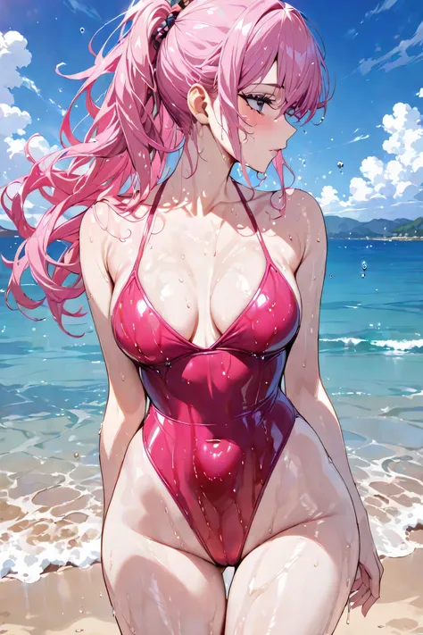 Best quality, masterpiece, one piece swimsuit, pale skin, glossy dripping wet body, drenched hair, hot lithe body, long pink hair, on the beach