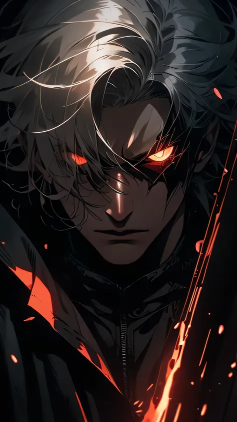 An intense anime character with messy, platinum blonde hair and striking, sharp features. The character’s face is partially covered by his hand, with long, slender fingers adorned in black nail polish, creating a dark and mysterious vibe. His right eye is ...