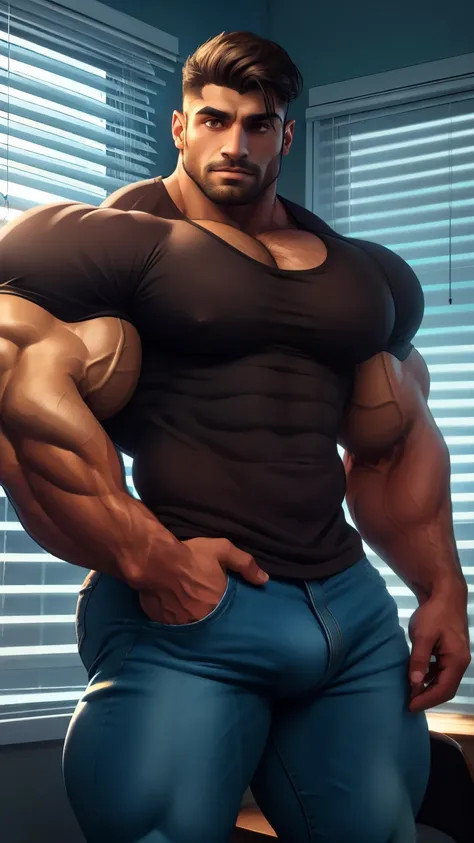 A indian muscular hairy muscular hot dream daddy with long wide muscular legs and huge wide big chest weared puma brand tee and denim pant with huge bulge inside, sunnyday standing near window, blinds on window and rays come in through blinds masterpiece 