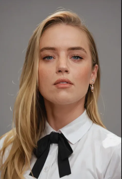 score_9, score_8_up, score_7_up, JohnnyDepp, 1girl, solo, long hair, looking at viewer, blonde hair, simple background, shirt, ribbon, jewelry, white shirt, earrings, parted lips, collared shirt, grey background, lips, grey eyes, black ribbon, makeup, port...