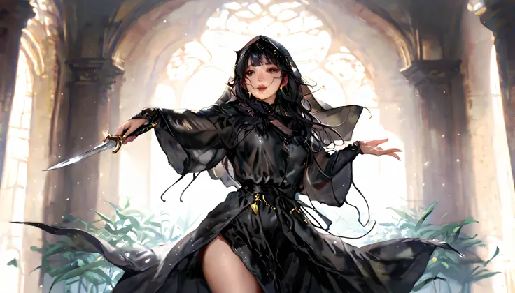 masterpiece, best quality, extremely detailed, hyperrealistic, photorealistic, a beautiful french 20s woman, ultra detailed face, black hair, black raincoat, black veil hood, holding dagger, dancing, strenuous movements