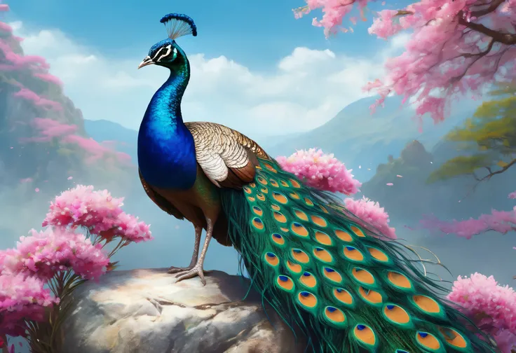 Peacock standing on a rock with flowers in the background, BEAUTIFUL DIGITAL ART work, 4k highly detailed digital art, 8kSheer sleeves, beautiful 4K art, highly detailed digital art, highly detailed digital artwork, Advanced Digital Paint Details, BEAUT...