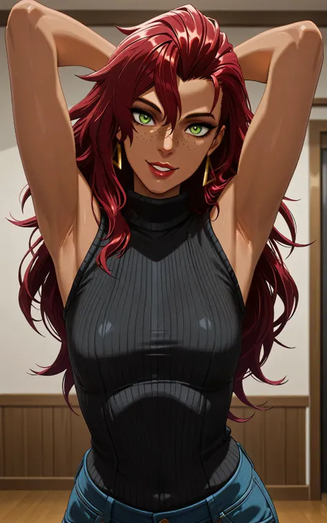 masterpiece, best quality, amazing quality, anime screencap, anime coloring, 1girl, solo, 3d, sc1, long hair, red hair, green eyes, red lips, freckles, black sweater, sleeveless sweater, ribbed sweater, turtleneck, dark-skinned female, bare shoulders, bare...