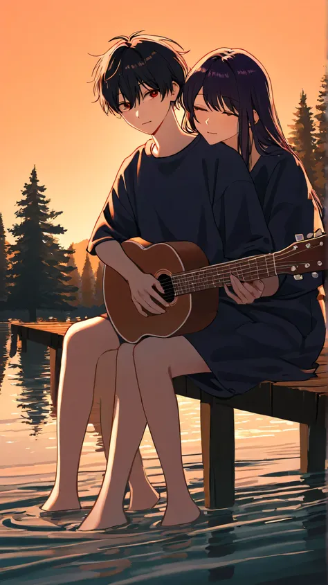 A serene twilight scene on the lake, similar to the image given, with silhouettes of pine trees in the background and orange sky, strand, and the beautiful purple reflected in the calm lake water. Focus on the wooden pier jutting into the lake, in which th...