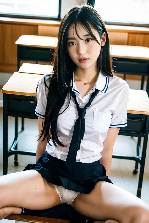 Student Uniform,(Sit at a desk),((No makeup)),(skirt),High resolution,Professional photos,High resolution,Sit on a desk, (((Open your legs and show your panties))),School classroom, Wearing white panties, a girl in a high Student Uniform, a little panties ...