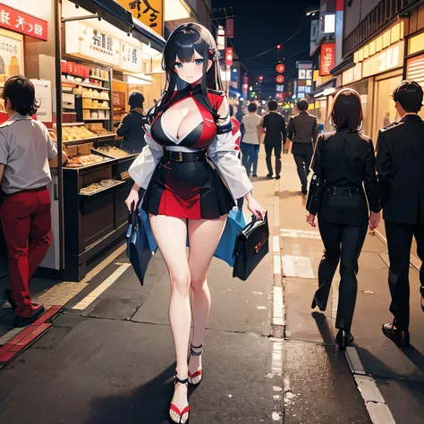 police uniform red, mini skirt, nice legs with high heels, blue eyes, tight clothes, voluptuous girl, beautiful face, cleavage, night atmosphere, walking girl, japan girl, asian features, tokyo, native peoples.
