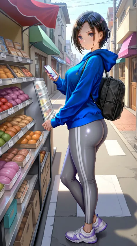 (from side),full body,1girl,serious,blush,mature female,physical education teacher,age23,black hair,short hair,parted bangs,black eyes,round face,blue hoodie,grey yoga long pants,sneakers,holding phone,big ass,wide hips,thick thighs,thick lip,outdoors,shop...